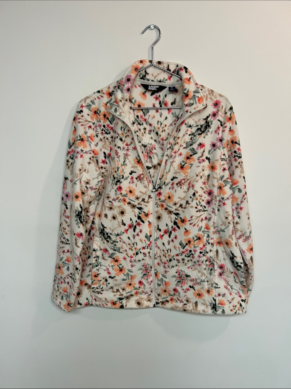Lands' End Cream Floral Zip-Up Fleece Jacket with Pink & Peach Blooms